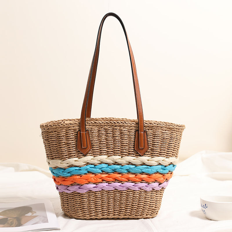 Bohemian One Shoulder Straw Bag Rainbow Stripes Straw Bag Woven Bag Vacation Beach Bag Women Bag - GLAMWEARS