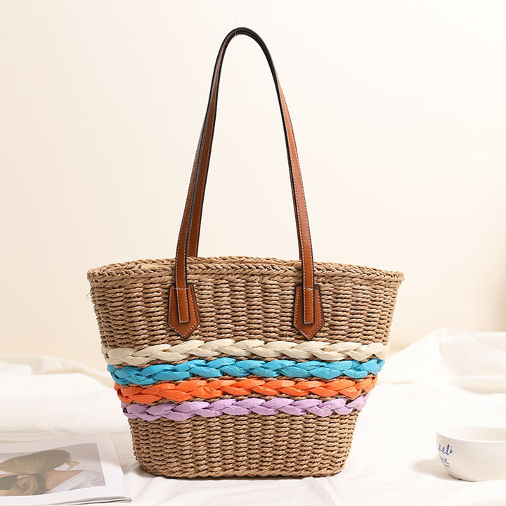 Bohemian One Shoulder Straw Bag Rainbow Stripes Straw Bag Woven Bag Vacation Beach Bag Women Bag - GLAMWEARS