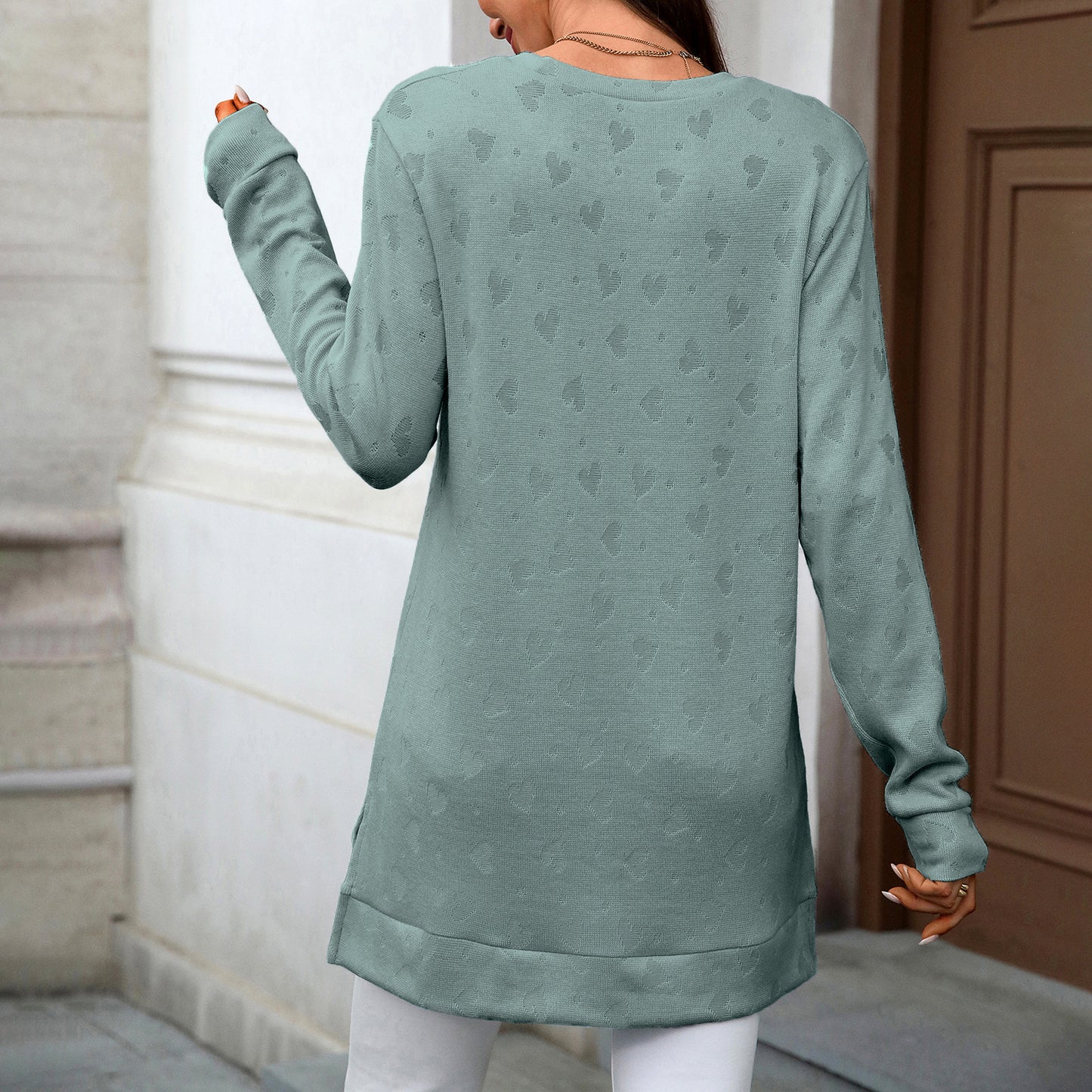 Autumn Winter Solid Color round Neck Loose Long Sleeve Split T shirt Top Women
