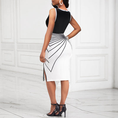 Plus Size Spring Summer Elegant round Neck Sleeveless Line Printed Asymmetric Dress