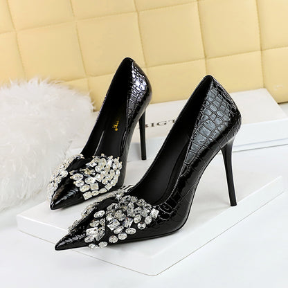 Korean Cocktail High Heels Stiletto Heel Shallow Mouth Pointed Toe Rhinestone Bow Pumps Women