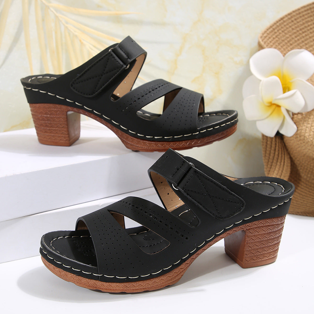 Hollow Out Cutout out Wedge Slippers Women Stitching Velcro Beach Slippers