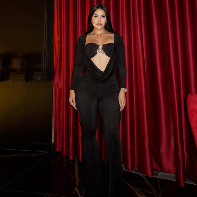 Women Clothing Fall Sexy Hollow Out Cutout Pile Collar Slim High Waist Long Sleeves Jumpsuit