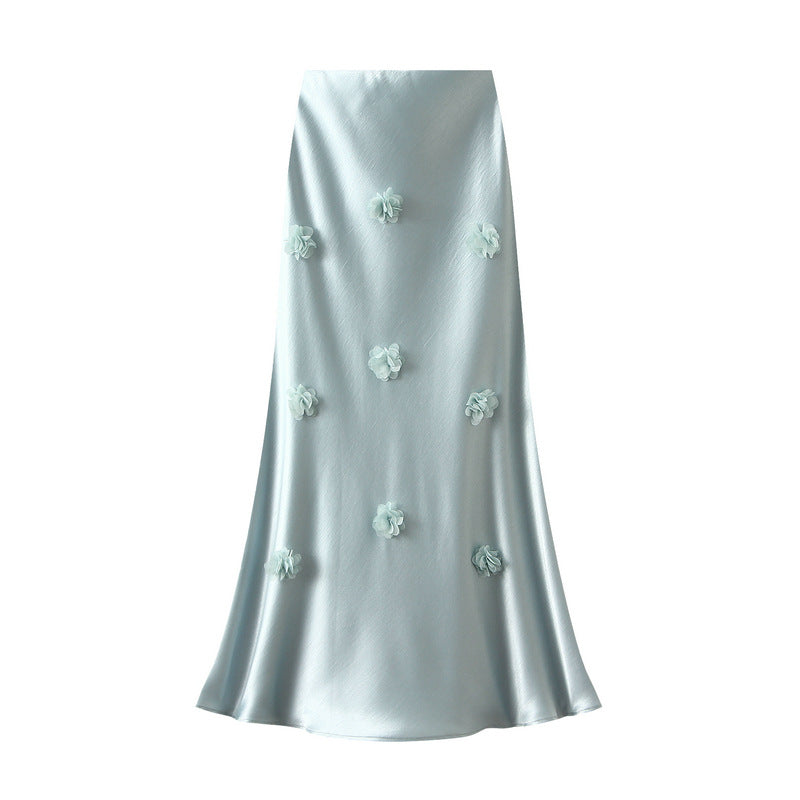 Chinese Three Dimensional Floral Long Skirt Summer Satin Slimming Dress Maxi Dress