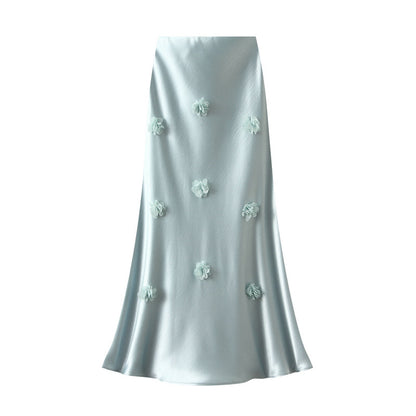 Chinese Three Dimensional Floral Long Skirt Summer Satin Slimming Dress Maxi Dress