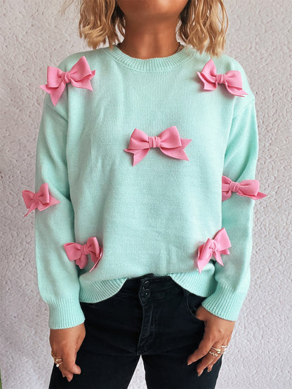 Sticky Bow Casual Sweet Knitted Top Autumn Winter round Neck Sweater Pullover