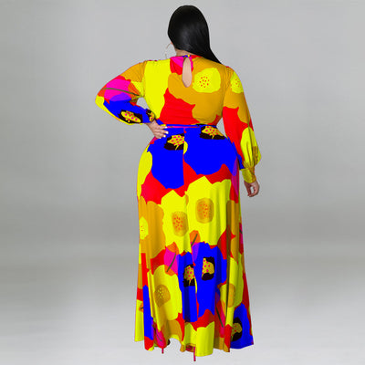 Plus Size Women Clothing Long Sleeve Dress Large Floral Printing Dress Long