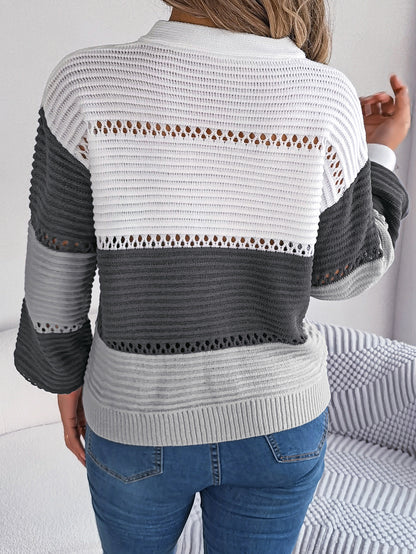 Autumn Winter Casual Button V neck Hollow Out Cutout Color Matching Lantern Sleeve Pullover Sweater Women Clothing