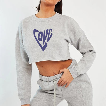 Women Clothing Autumn Winter Love Heart-Shaped Letter Graphic Printing round Neck Short Long-Sleeved Sweatshirt