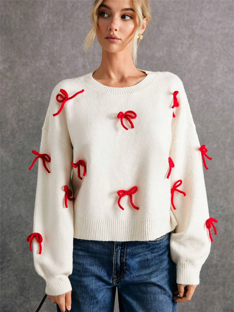 Red Bow Decoration Loose Crew Neck Pullover Sweater Autumn Top