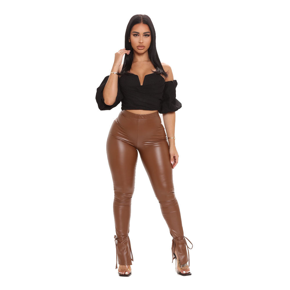 Women Clothing Autumn Tight High Elastic Bandage Slightly Flared Side Slit Faux Leather Trousers