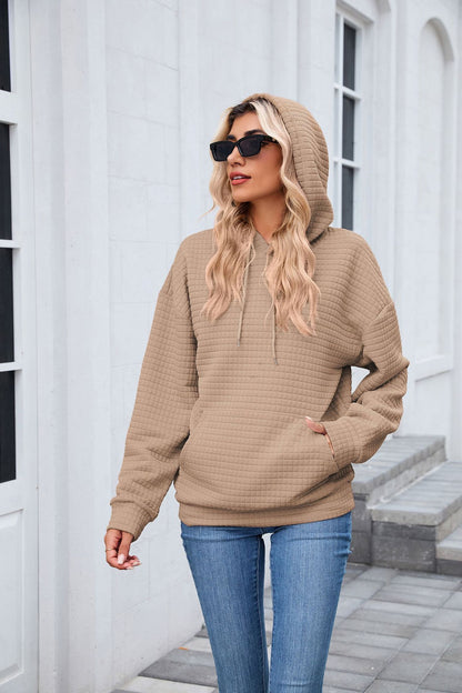 Autumn Winter Solid Color Hooded Pocket Loose Long Sleeve Sweatershirt Coat for Women