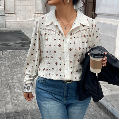 Women Shirt Top Beige Printing Hollow Out Cutout Design Polo Collar Casual Top