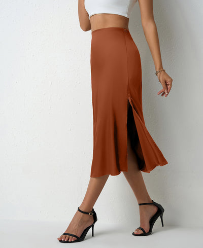 Women Clothing Popular Satin Skirt Women Summer Mid Length Split Professional A line Skirt High Waist Skirt