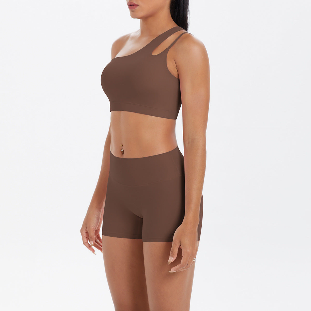 Oblique One Shoulder Beauty Back Yoga Bra Nude Feel Sports Bra Strap Running Workout Vest Shorts Set Women