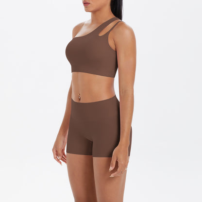 Oblique One Shoulder Beauty Back Yoga Bra Nude Feel Sports Bra Strap Running Workout Vest Shorts Set Women