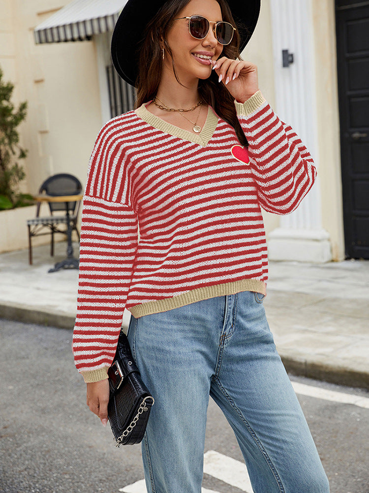 Women Clothing Valentine Day Love Sweater Striped Contrast Color V neck Casual Knitted Top for Women