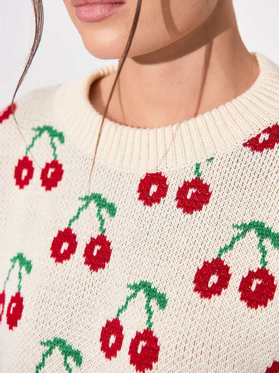 Cherry Printed Sweater Idle Loose Knitted Pullover Autumn Winter Sweet Cherry Sweater