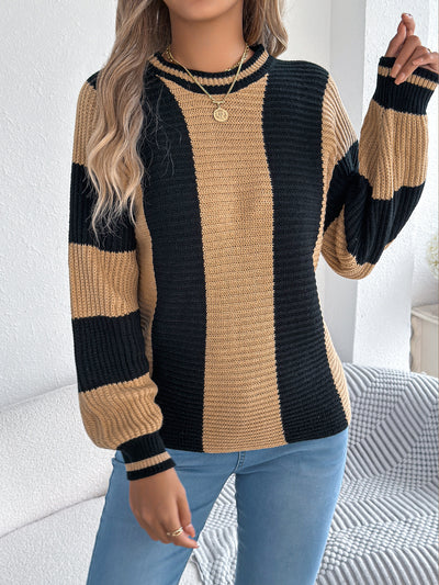 Autumn Winter Casual Contrast Color Striped Lantern Long Sleeve Pullover Women Clothing