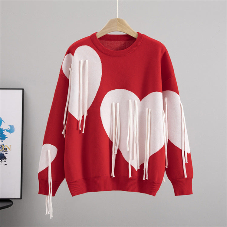 Love Tassel Autumn Winter Sweater Fashionable Knitted round Neck Stitching round Neck Pullover Top Knitting
