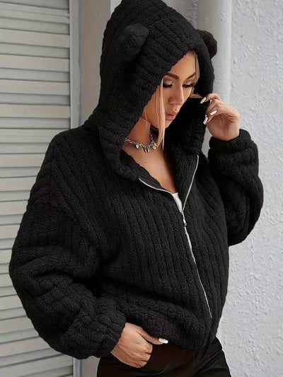 Popular Solid Color Double-Sided Plush Zipper Cardigan Decoration Ears Casual Autumn Winter Plush Coat