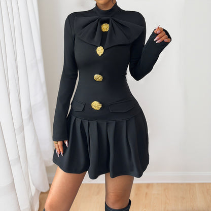 Elegant Sweet Bow Fastener Decoration Half High Collar Long Sleeves Autumn Dress