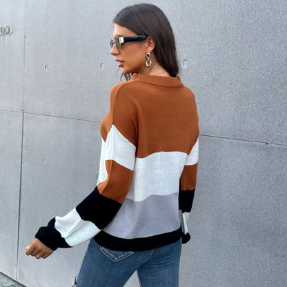 Casual Women Wear Long Sleeve Color Matching Sweater Women Autumn Winter
