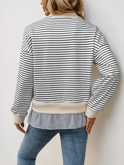 Casual Date Office Half Turtleneck Loose Striped Faux Two Pieces Sweater Women