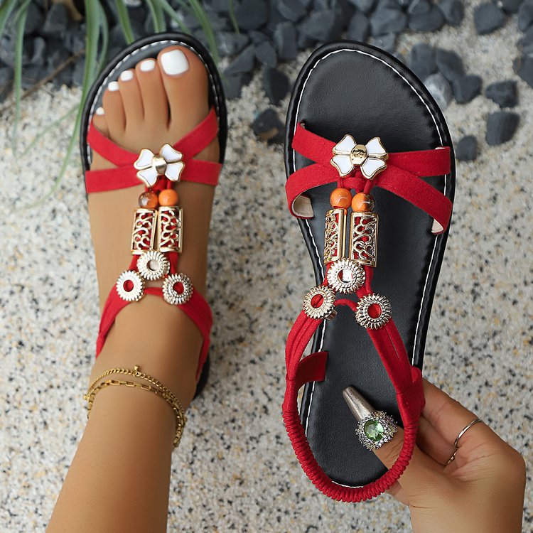 Bohemian Beaded Flat Sandals Women National Open Toe Beach Sandals - GLAMWEARS