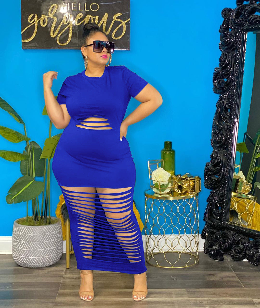 Plus Size Sexy Holes Solid Color Nightclub Dress