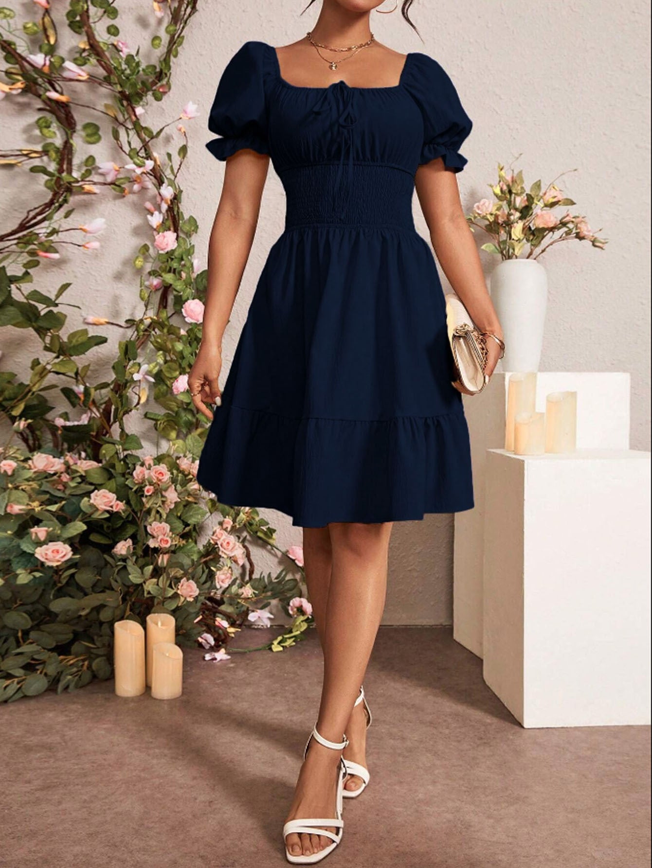 Elegant Gentle Square Collar Backless Solid Color Design Mid Length Dress