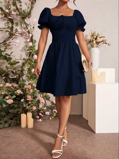 Elegant Gentle Square Collar Backless Solid Color Design Mid Length Dress