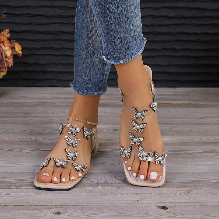 Butterfly Rhinestone Flat Sandals Women Elastic Band Hollow Out Cutout Beach Sandals - GLAMWEARS