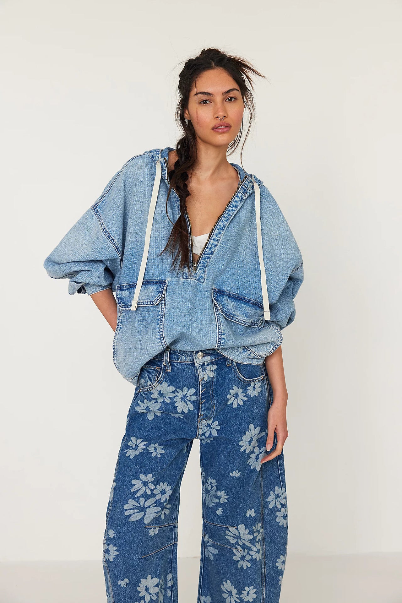 Autumn Loose Casual Washed Hooded Denim Long Sleeved Tops