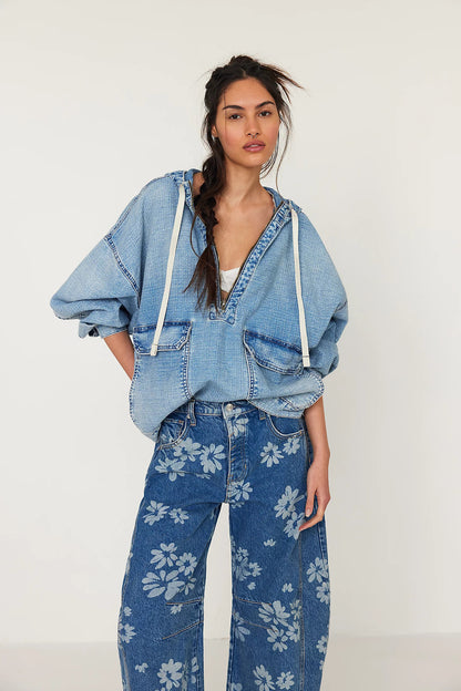 Autumn Loose Casual Washed Hooded Denim Long Sleeved Tops