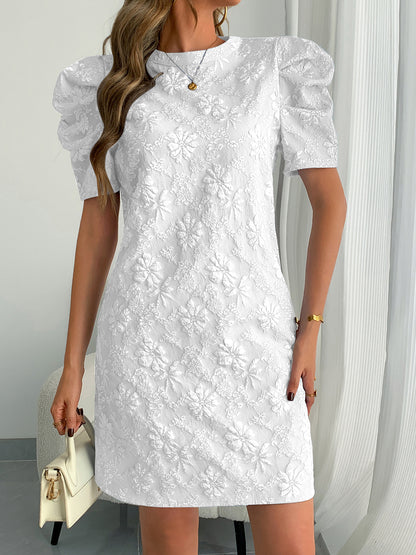 Summer Women Bubble Sleeve Texture Jacquard round Neck Retro Dress
