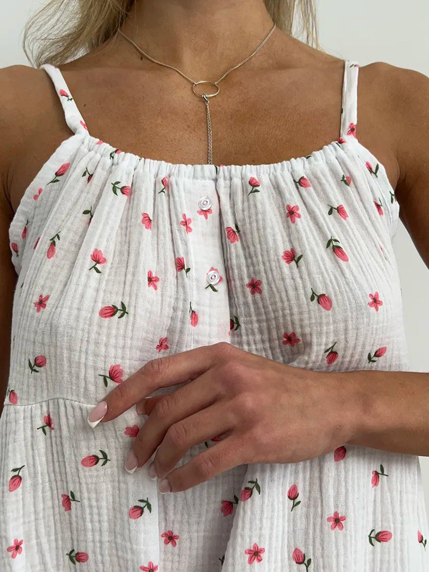 Summer Sling Cotton Printed Nightdress Homewear Pajamas Women Outerwear
