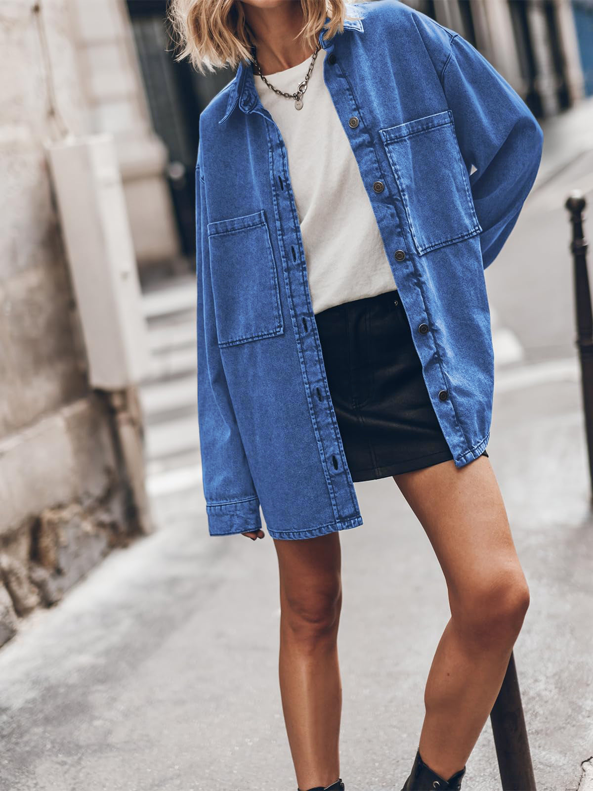 Retro Hong Kong Collared Denim Coat Women Blue Large Pocket Loose Casual Jacket