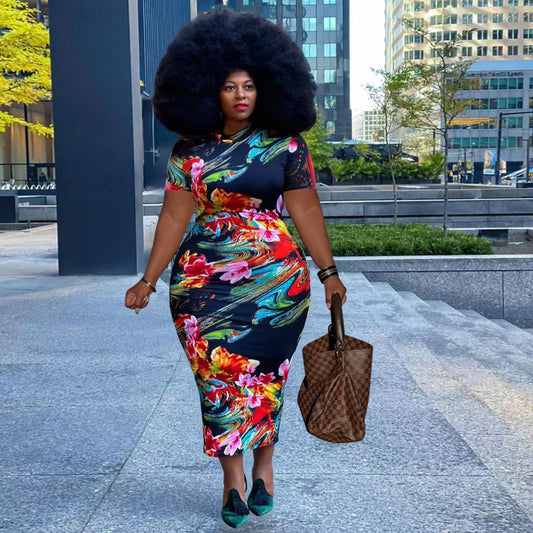 Plus Size Summer New Floral Printed Sexy Tight Dress