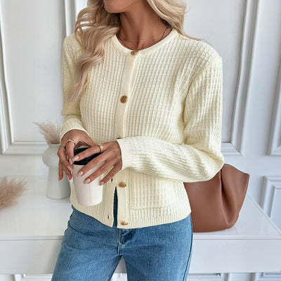 Autumn Winter Casual Korean Metal Button Cardigan Solid Color Sweater Coat for Women