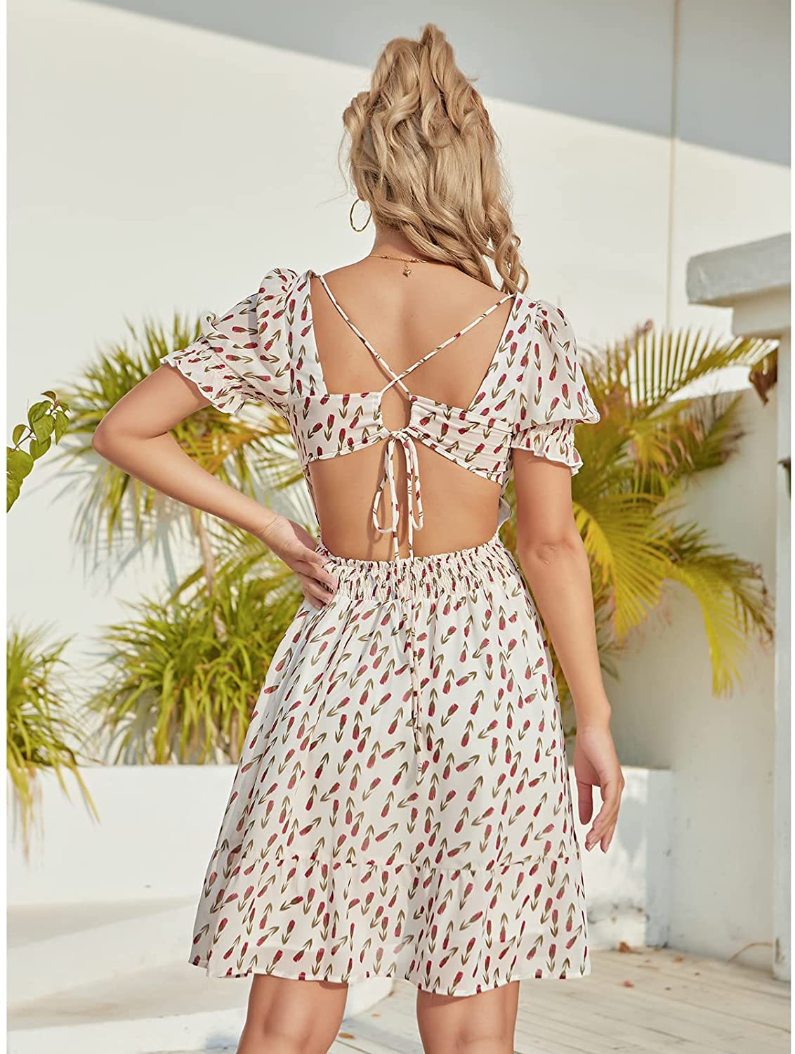 Women V-neck Puff Short Sleeve Backless A- line Back Lace-up Criss Cross Elegant Print Blouse Mini Dress