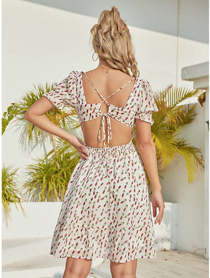 Women V-neck Puff Short Sleeve Backless A- line Back Lace-up Criss Cross Elegant Print Blouse Mini Dress