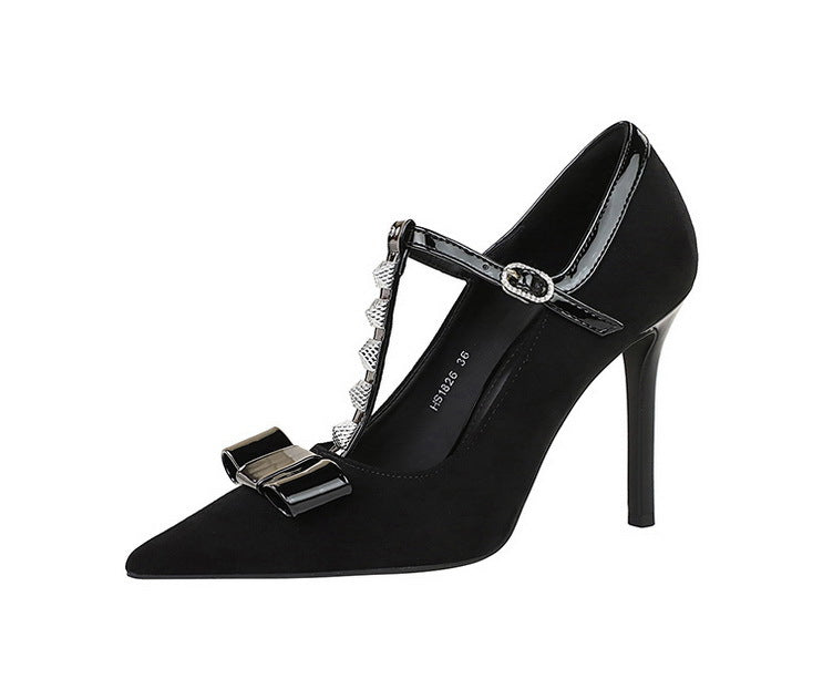 Cocktail Bow Rivet Pointed Toe High Heels Suede T Shape Buckle Sexy Women Shoes Pumps - GLAMWEARS