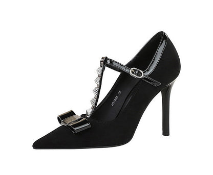 Cocktail Bow Rivet Pointed Toe High Heels Suede T Shape Buckle Sexy Women Shoes Pumps