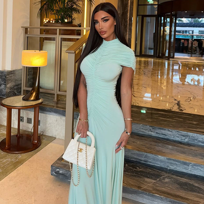 Elegant Fresh Women's Clothing Pleated Solid Color Draped Hip Slim Fit Turtleneck Short Sleeve Length Dress