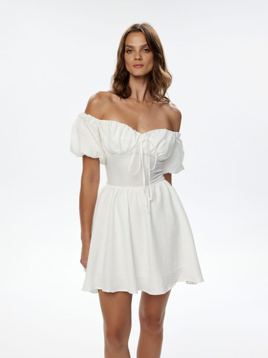 Off Shoulder Short Sleeve Dress Summer Lace up Cinched Short Dress Puff Sleeve Dress
