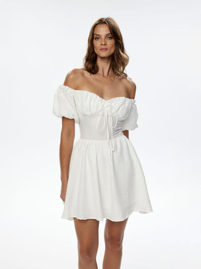 Off Shoulder Short Sleeve Dress Summer Lace up Cinched Short Dress Puff Sleeve Dress
