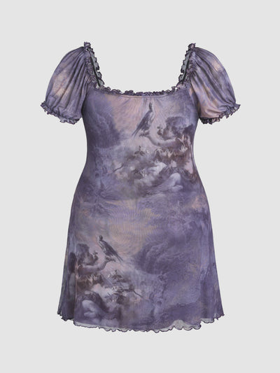 Plus Size Women Clothes Summer Square Collar High Waist Stretch Dress