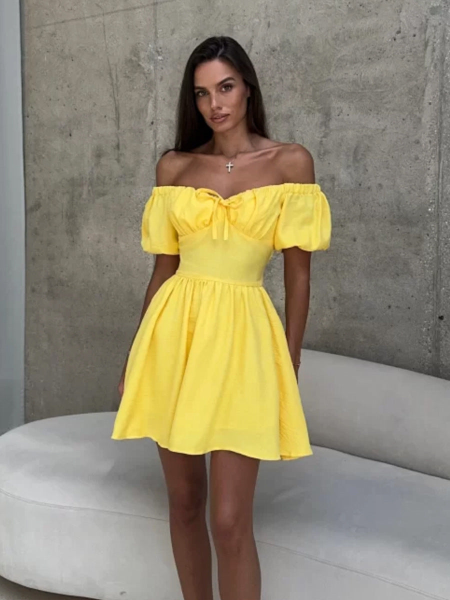 Off Shoulder Short Sleeve Dress Summer Lace up Cinched Short Dress Puff Sleeve Dress