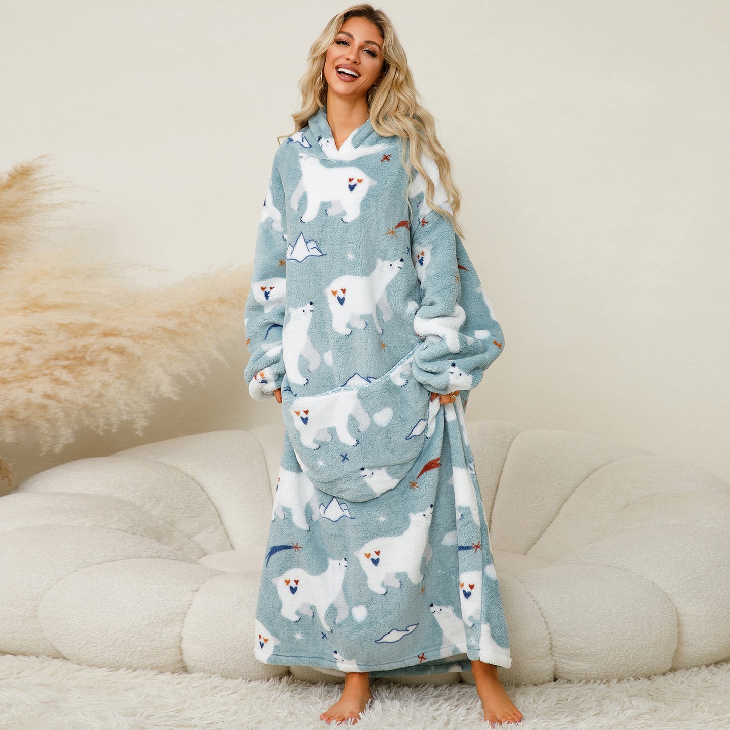 Thickened Pullover Coral Fleece Pajamas Hooded TV Blanket Outdoor Cold Proof Warm Nightgown Home Lazy Blanket